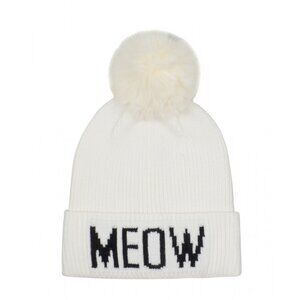 White Soft Knitted Meow Faux Fur Pom Pom Beanie Hat Cat Lover Kitty Winter Cozy